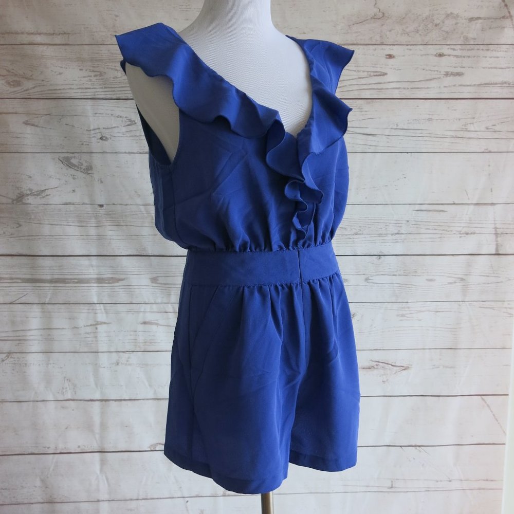 Pins and Needles Blue Full Zip Front Sleeveless Deep Ruffle V Neck Romper Size 4